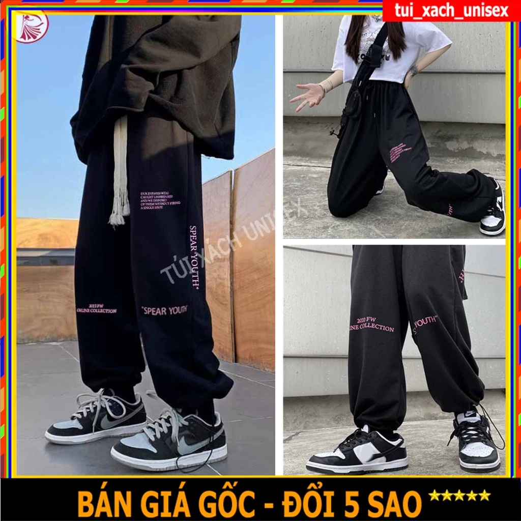 Quần jogger nam nữ ống rộng BÓ CHUN basic unisex họa tiết chữ tím hót mới giá rẻ