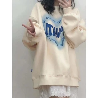 Áo sweater cổ tròn dáng rộng in họa tiết dễ thương thời trang mùa thu cho nữ