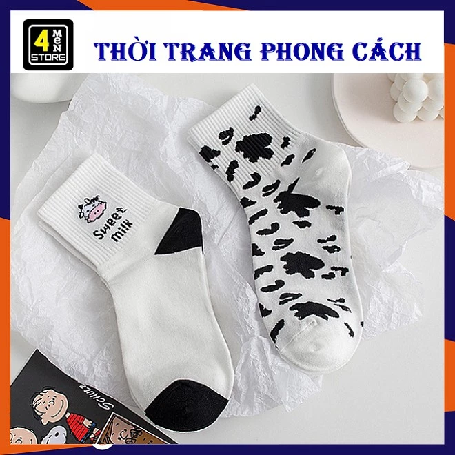 Vớ Thể Thao Họa Tiết Bò Sữa Trắng Đen Phong Cách Hàn Quốc Cho Nữ Sinh - Tất Cổ Cao Họa Tiết Bò Sữa Vintage Hàn Quốc