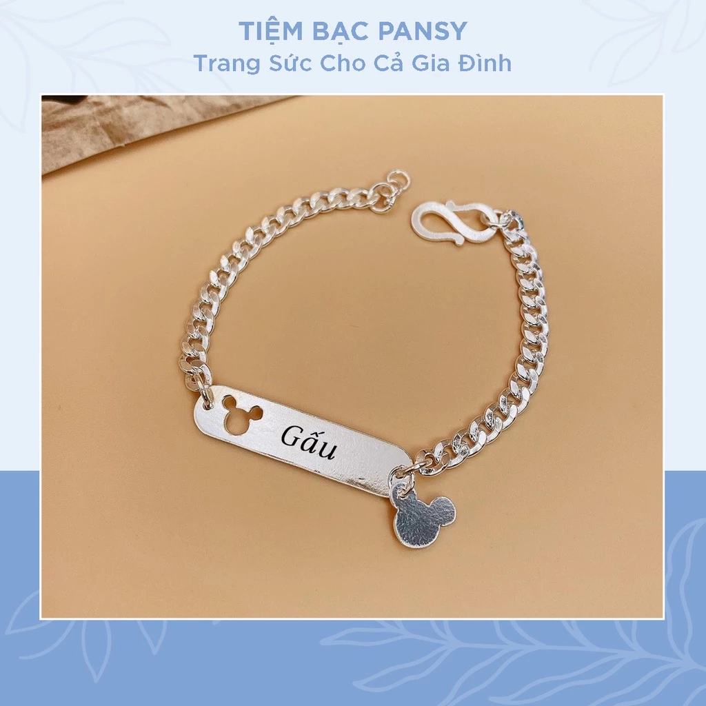 Lắc bạc khắc tên cho bé hình gấu dễ thương, vòng bạc đeo tay chân trẻ em bằng bạc ta an toàn
