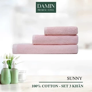Bộ 3 khăn mặt, tắm, gội Damin Sunny 100% cotton - màu hồng