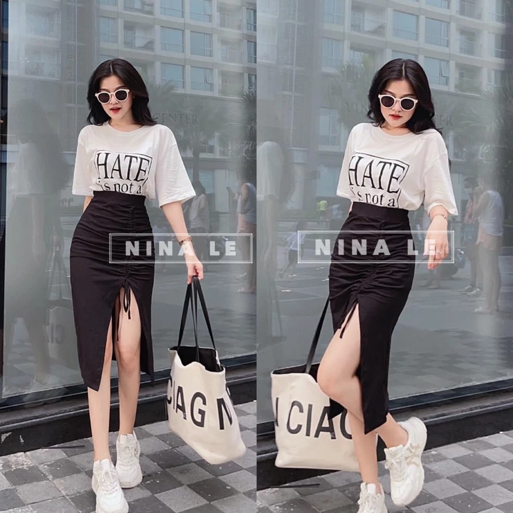 Set bộ thời trang nữ, áo thun cotton in chữ kèm chân váy xẻ tà ôm body