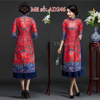 Có size lớn 4XL Set Áo Dài Cách Tân CỔ TRỤ HỌA TIẾT THỔ CẨM Rồng kèm váy áo nền đỏ