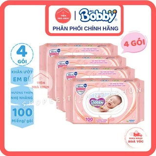 [ - Bộ 4 Gói 100 Miếng Khăn Ướt Bobby Hồng - ] Khăn Ướt Em Bé Bobby Care (Có Hương Thơm) - TIEMNHACHUN