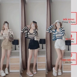 Set áo cardigan len lưới nữ kẻ ngang kèm áo 2 dây len dáng ngắn ôm body tiểu thư bánh bèo ulzzang Hàn Quốc