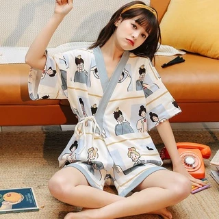 SUSQ2 Đồ Ngủ Kimono nữ đẹp mặc nhà phi bóng thắt eo quần lửng ngắn cute Bộ Pijama kiểu Nhật yukata lụa cộc tay buộc dây