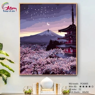 Tranh sơn dầu tự tô theo số Cảnh đêm núi Phú Sĩ hoa anh đào Nhật Bản PC4005