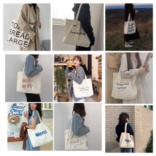 Túi tote túi vải canvas phong cách Hàn quốc, có khóa miệng ngăn phụ bên trong thời trang ulzzang