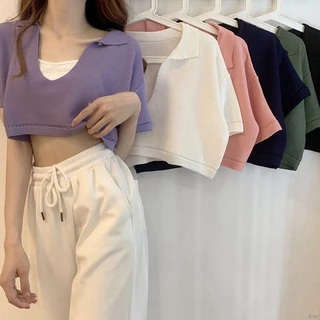 Áo kiểu croptop tay ngắn cổ chữ V dệt kim phong cách Hàn Quốc thời trang cho nữ