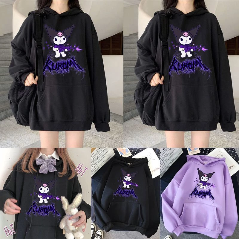 Áo hoodie dáng rộng bằng cotton in hoạt hình Sanrio Kuromi phong cách gothic punk thời trang