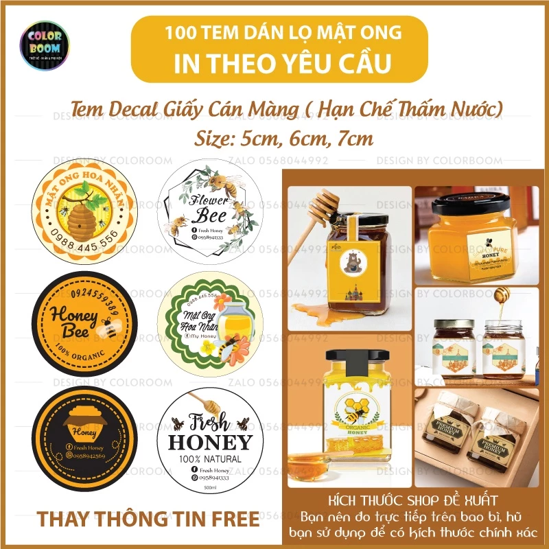 100 Tem Nhãn Decal Dán - Decal Giấy Cán Màng - Tem Mật Ong