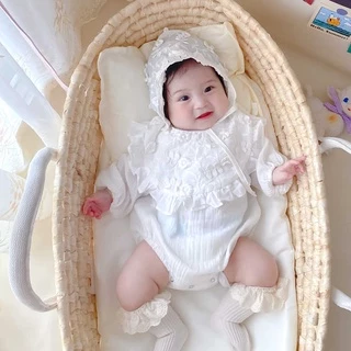 Bộ Áo Liền Quần Tay Dài + Mũ Bằng Cotton Mềm Mại Phối Ren Xinh Xắn Cho Bé Gái 0-2 Tuổi