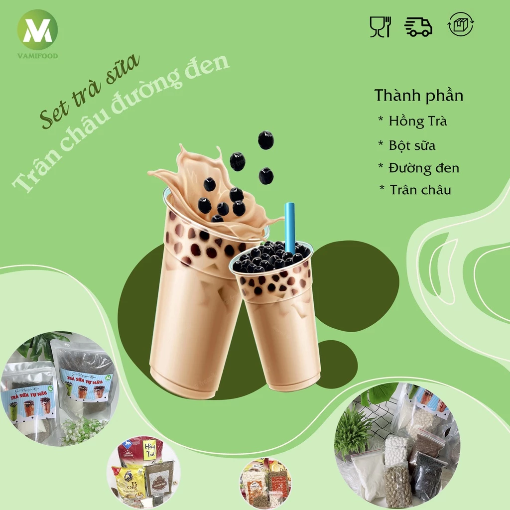 Set trà sữa trân châu đường đen tự nấu, Set nguyên liệu trà sữa truyền thống 4 món thơm ngon, đầy đủ siêu dễ làm