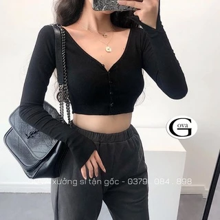 Áo Croptop CỔ TIM CÀI NÚT TAY DÀI Thun Gân Kiểu Sexy Nữ, Áo Thun Ôm Body Đẹp GOVA