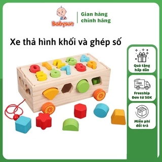 Bộ đồ chơi xe kéo thả hình khối và ghép số bằng gỗ cho bé - đồ chơi gỗ phát triển trí tuệ