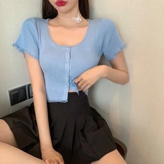 áo thun nữ croptop tay ngắn cổ tròn bánh bèo cực xinh