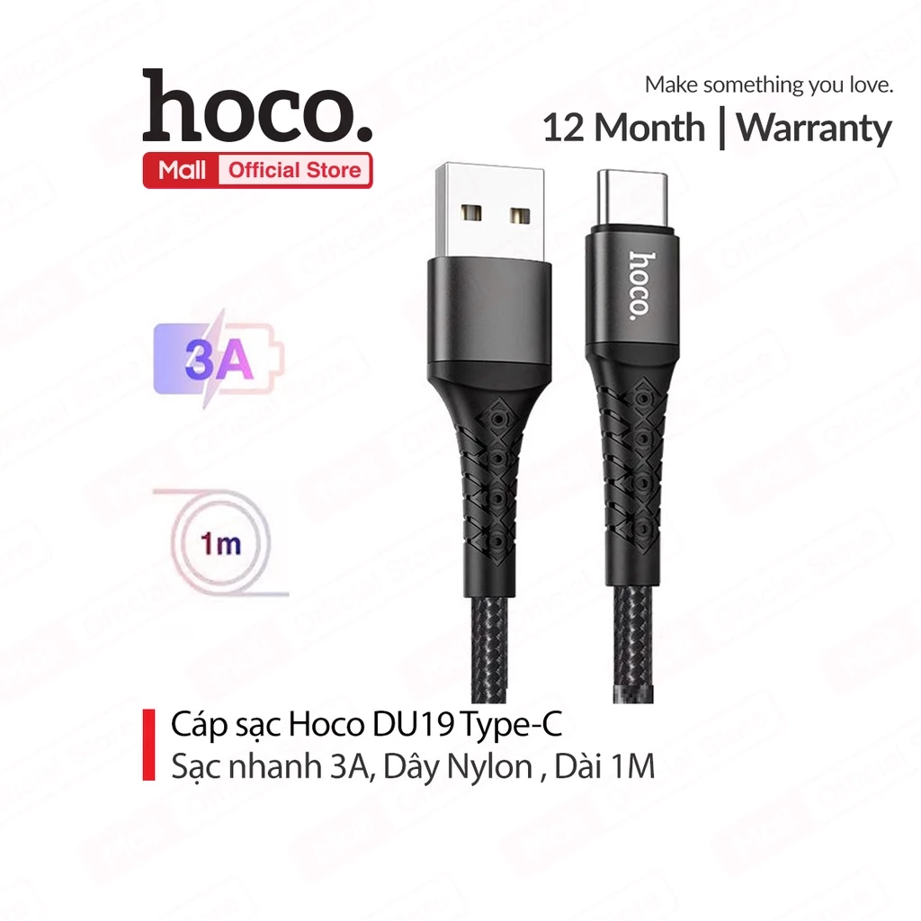 Cáp sạc 3A Hoco DU19 Type-C dây dù chống gãy gập truyền dữ liệu nhanh chóng dài 1M cho Android