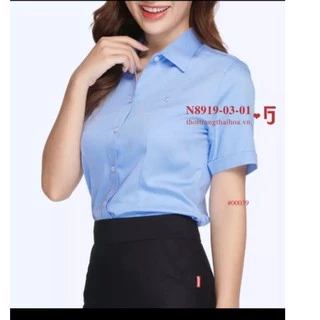 (CÓ SẴN)áo sơ mi nữ Thái hòa tay ngắn màu xanh dương mã 8919 vải sợi tre
