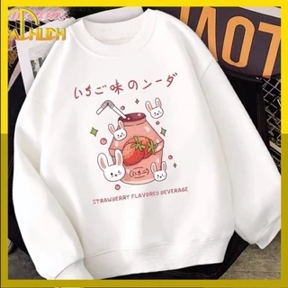 ÁO SWEATER NỈ NỮ IN STRAWBERY FLAVORED BEVERAGE KÈM CLIP THẬT ĐỦ SIZE M L XL