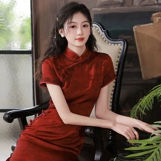 Đầm Sườn Xám Dáng Dài Tay Ngắn Màu Đỏ Rượu Cao Cấp Thời Trang Theo Phong Cách Vintage Cho Nữ Size S - XXL