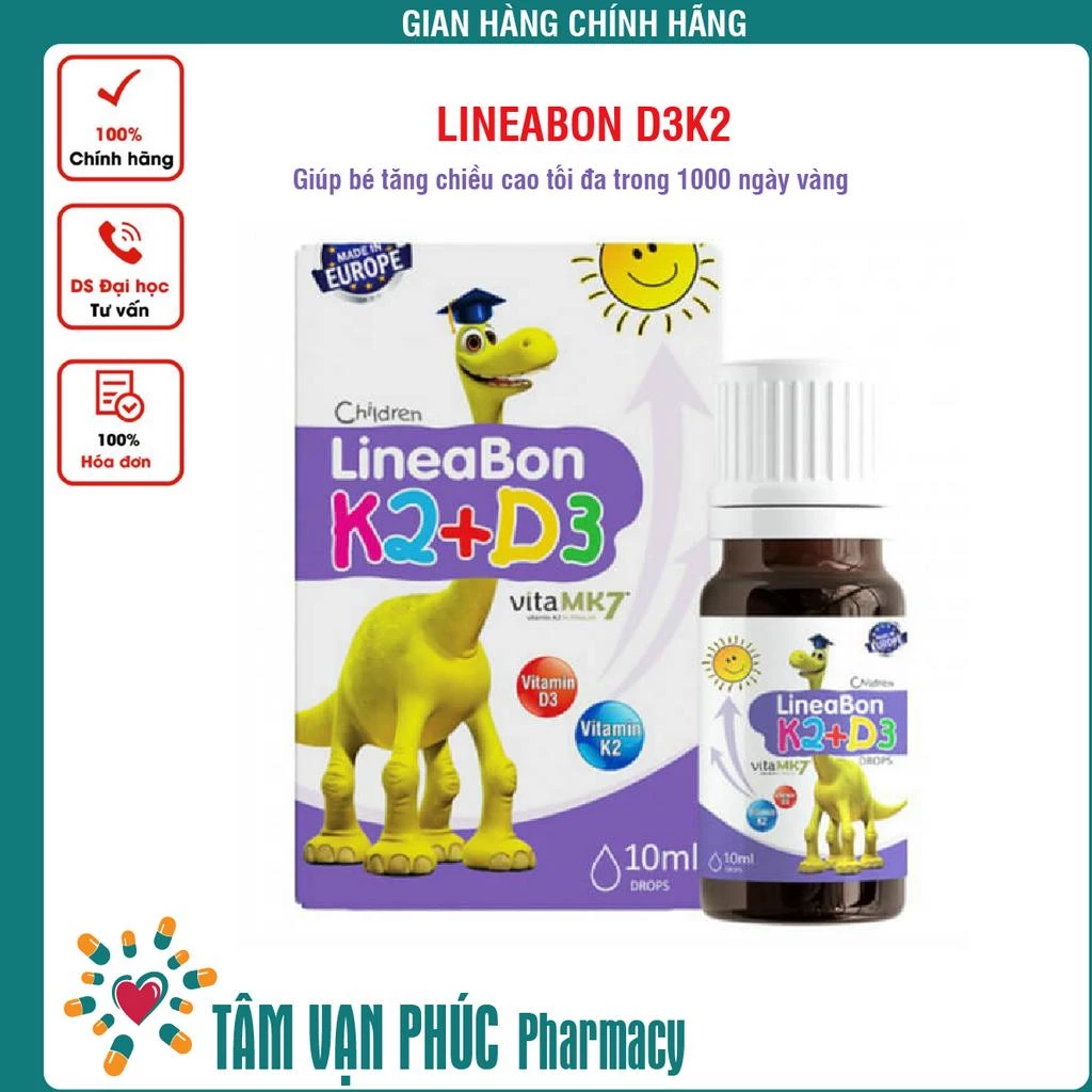 D3 K2 Lineabon bổ sung vitamin d3 cho trẻ sơ sinh, giúp hấp thụ d3k2 canxi, giảm còi xương, tăng chiều cao