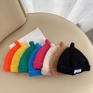 Mũ Beanie Dệt Kim Mềm Mại Màu Trơn In Chữ Giữ Ấm Mùa Đông Cho Bé