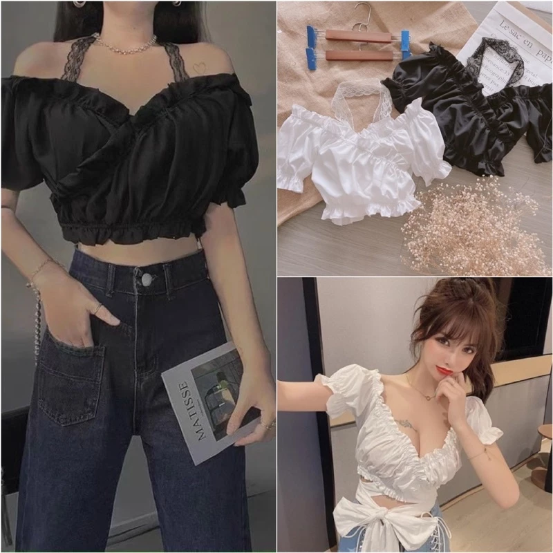 ÁO KIỂU CROPTOP BẸT VAI PHỐI REN NHỎ XINH A33