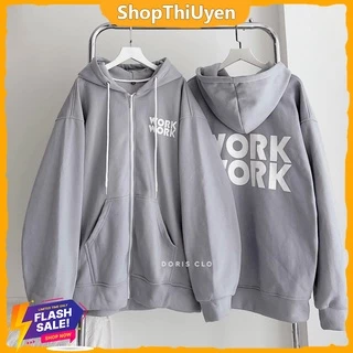 Áo hoodie Hàn Quốc in chữ WOR dây khóa kéo có mũ màu xám form rộng siêu đẹp