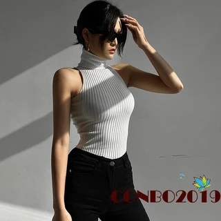 Áo Tank Top Dệt Kim Cổ Cao Không Tay Màu Sắc Đơn Giản Cho Nữ