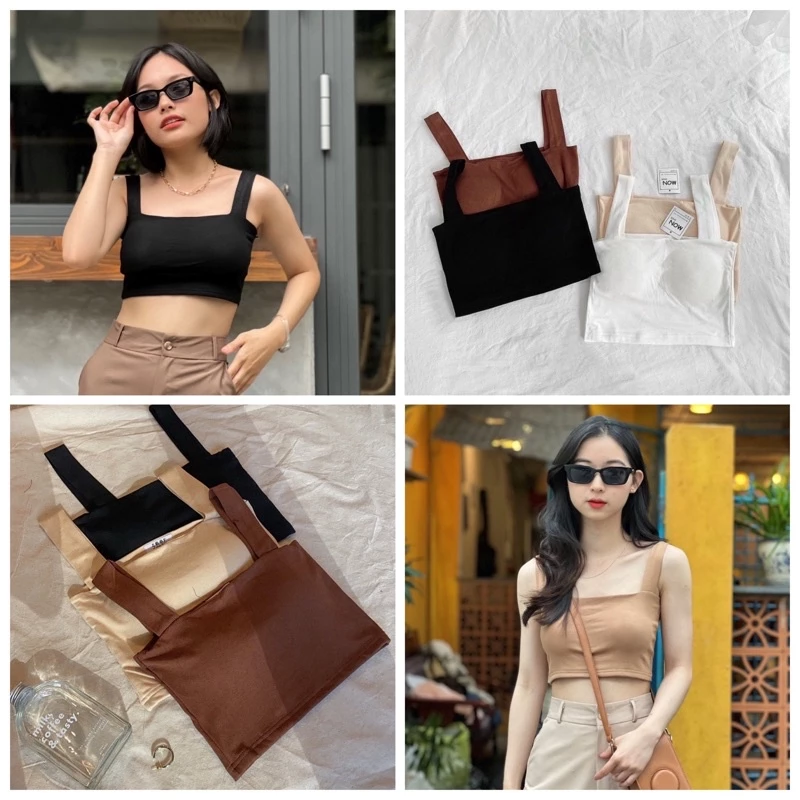 Áo hai dây bản to nâu đen trắng nude (có mút ngực) nữ.