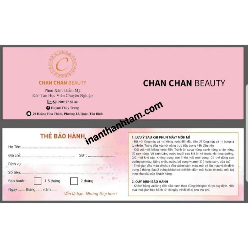 FREE THIẾT KẾ THẺ BẢO HÀNH DỊCH VỤ CHO TMV, SPA, PHUN XĂM 200 TỜ