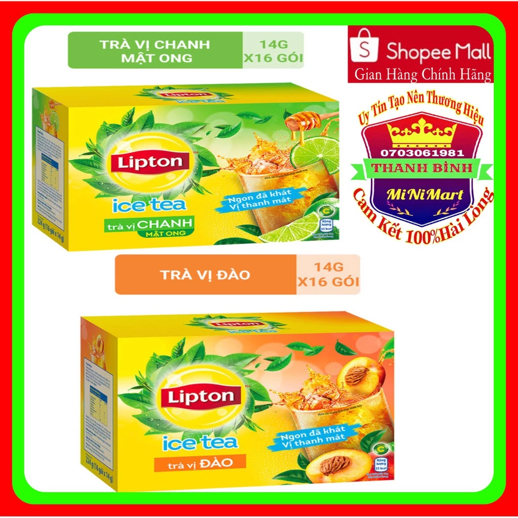 Trà Lipton Ice Tea Hòa Tan Hộp Giấy 224g - Trà Lipton Hương Đào - Trà Lipton Chanh, Mật Ong (14g x 16 gói)