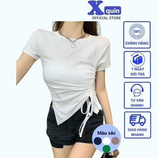 Áo kiểu nữ tay ngắn from dài Xquin, áo croptop nữ vạt nhọn rút dây 1 bên chất thun gân mềm mịn