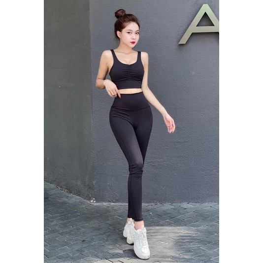 Set Croptop QUẢNG CHÂU Quần Dài Thể Thao thắt nơ vải cao cấp co giãn kèm mút lót S001