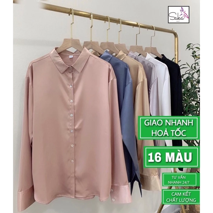 Áo sơ mi nữ tay dài lụa dáng rộng phong cách Hàn Quốc