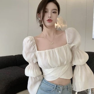 Áo Croptop Áo Kiểu Áo Sơ Mi Nữ Chiffon Tay Dài Cổ Vuông Hở Rốn Phong Cách Hàn Quốc Ngọt Ngào Cho Nữ