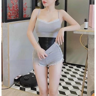 Sét bộ áo 2 dây phối quần đùi viền ren mẫu mới body cực sexy , chất thun gân mềm mịn