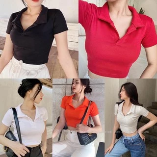 Áo Croptop POLO Áo Thun Crop Có Cổ Vintage Gân Xịn Xò