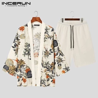 Áo cardigan INCERUN vải cotton dài tay dáng rộng+quần ngắn in họa tiết cổ điển dành cho nam