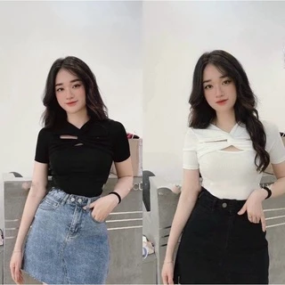 Áo xoắn ngực thun gân tay ngắn dáng croptop - TT12