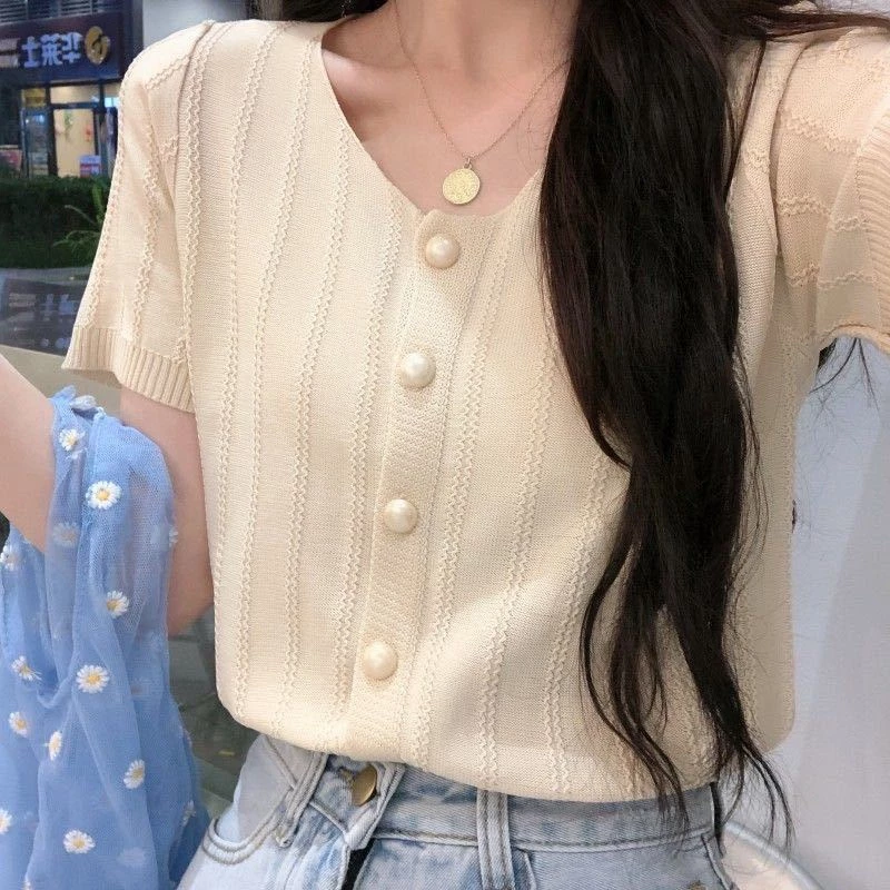 Áo Croptop Dệt Kim Ngắn Tay Dễ Phối Đồ