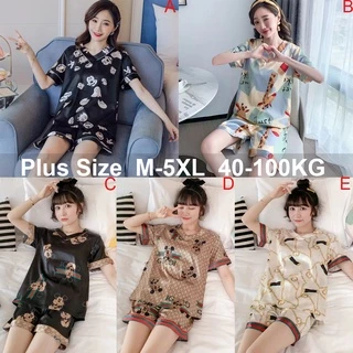 Bộ Đồ Ngủ Vải Lụa Satin Cổ Chữ V Tay Ngắn In Hình Chuột Mickey Cho Nữ Plus Size M-5XL Baju Tidur [luyoo28]