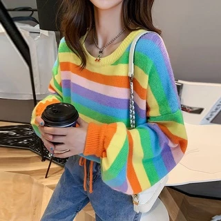 Áo Sweater Dệt Kim Mỏng Dáng Rộng Kẻ Sọc Cầu Vồng Phong Cách Nhật Bản Cổ Điển Thời Trang Cho Nữ