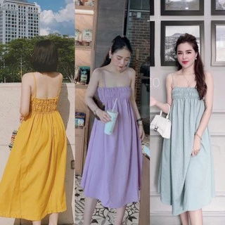 Đầm babydoll 2 dây nhún ngực nút ngọc form suông rộng có thể mặc như đầm bầu