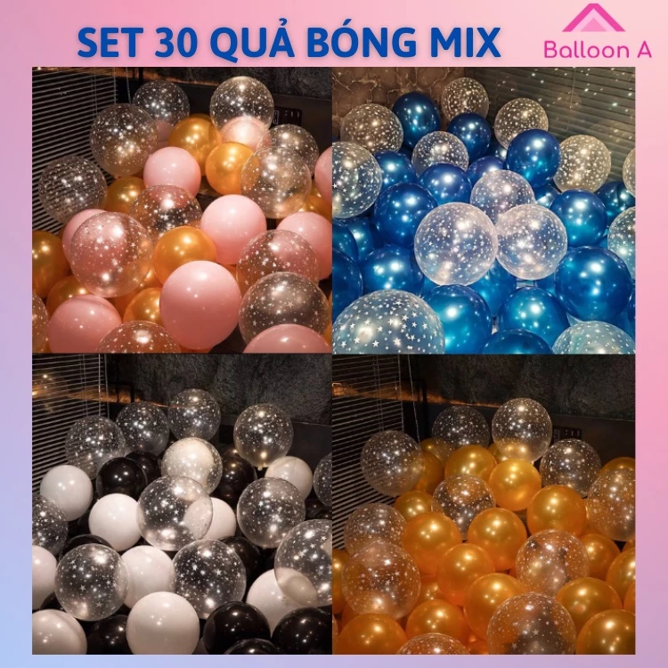 Set 30 bóng bay mix sinh nhật trang trí sinh nhật, đám cưới, tiệc tùng mix sẵn các màu, pastel, bóng nhũ, bóng chấm sao