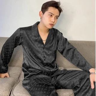 bộ pijama nam nữ, bộ đồ ngủ pijama chất lụa gấm cao cấp mềm mại thoáng mát hoa văn LV sắc nét THE1997