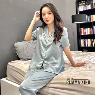 Đồ Ngủ - Đồ Bộ Pijama Lụa Chất Liệu Lụa cát latin Màu Xanh Đá Siêu Hot Cực Sang Chảnh [FRESHIPt