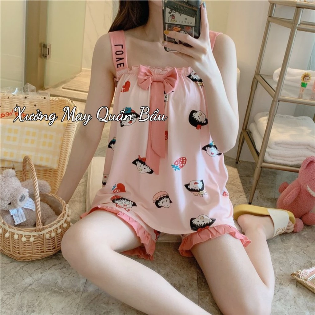 Đồ Bộ bầu 2 dây chất thun - Bộ đồ ngủ Nữ Đẹp họa tiết siêu cute Mặc Nhà Co Giãn Thoải Mái BC11