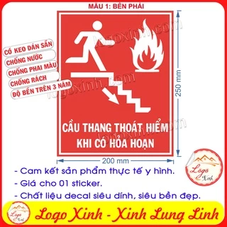 LOGO TEM STICKER DÁN THÔNG BÁO BIỂN CHỈ DẪN CẦU THANG THOÁT HIỂM KHI CÓ XẢY RA HỎA HOẠN- FIRE ARLAM CAUTION