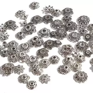 Set 50 phụ kiện hình mũ hoa màu bạc phong cách cổ điển Tây Tạng dùng làm đồ trang sức/ may vá thủ công